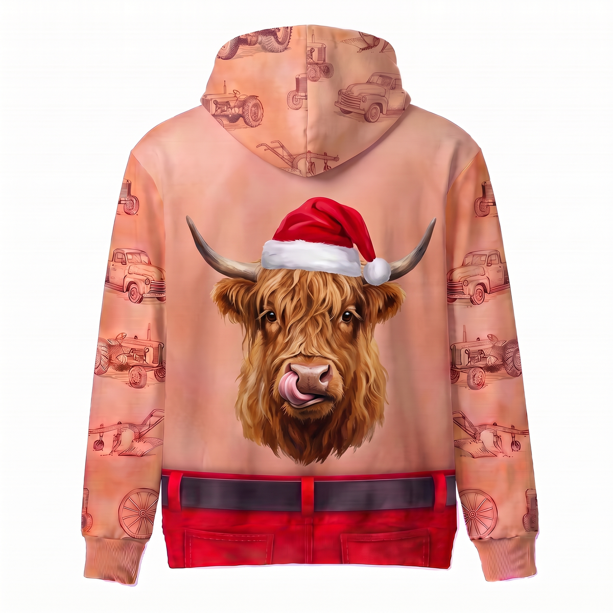 Funny Santa Highland Cow Hairy Belly Hoodie - Custom Name Fluffy Cow Christmas
