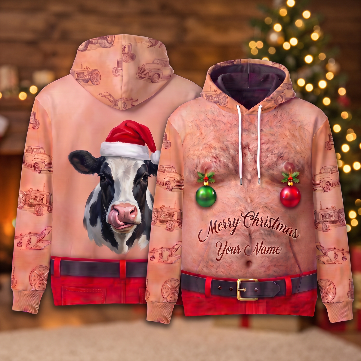Funny Santa Holstein Cow Hairy Belly Hoodie - Custom Name Cow Christmas
