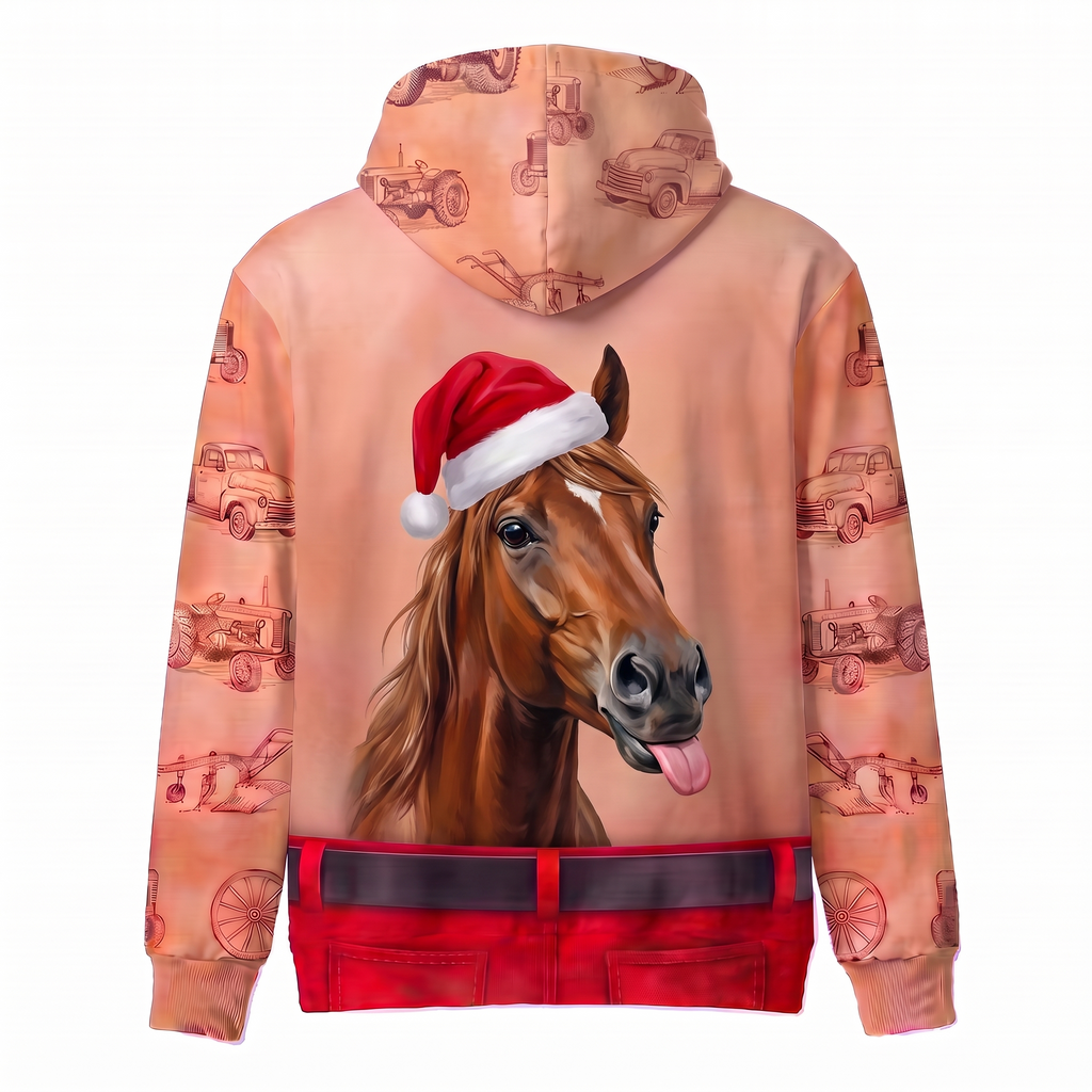 Funny Santa Horse Hairy Belly Hoodie - Custom Name Farm Horse Christmas