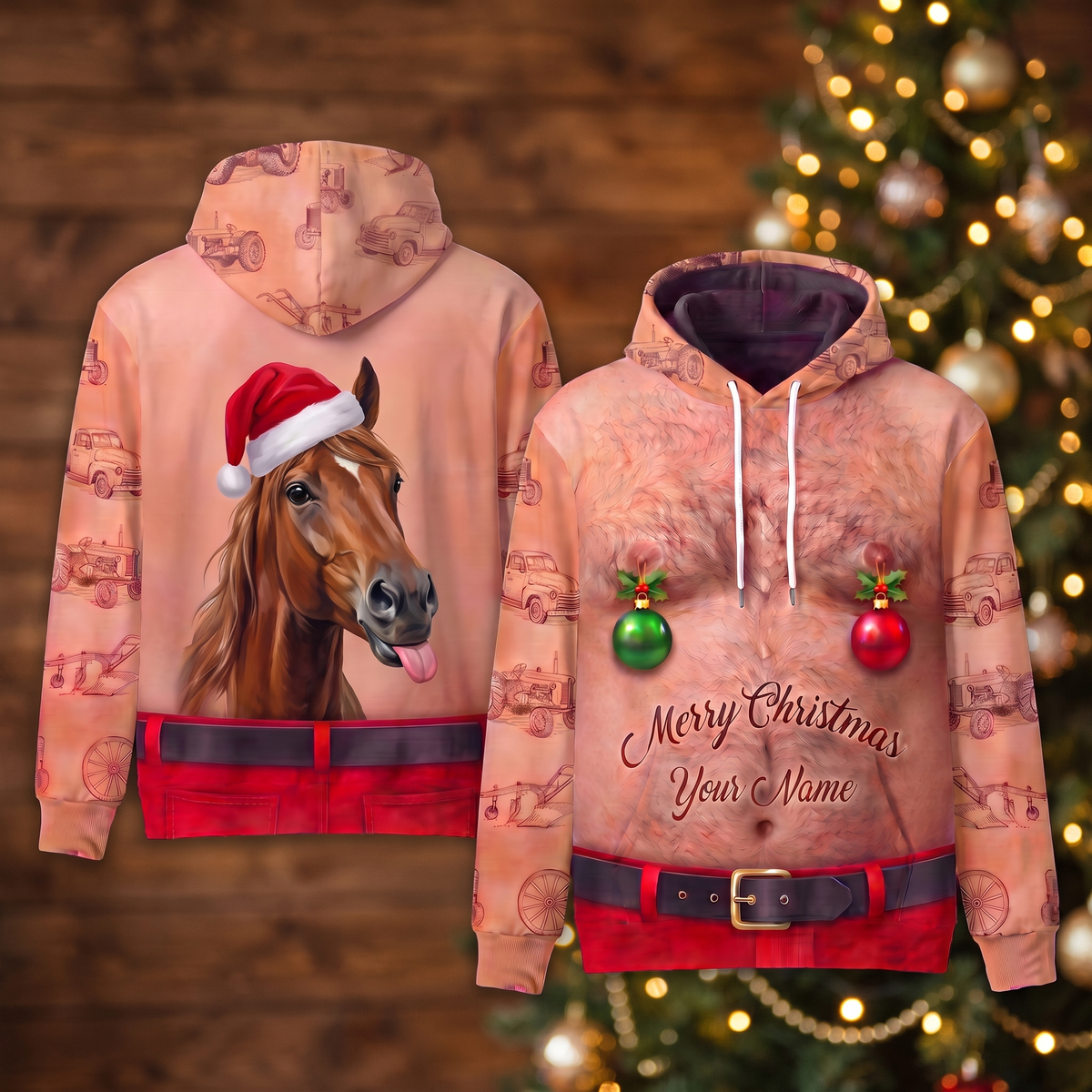Funny Santa Horse Hairy Belly Hoodie - Custom Name Farm Horse Christmas