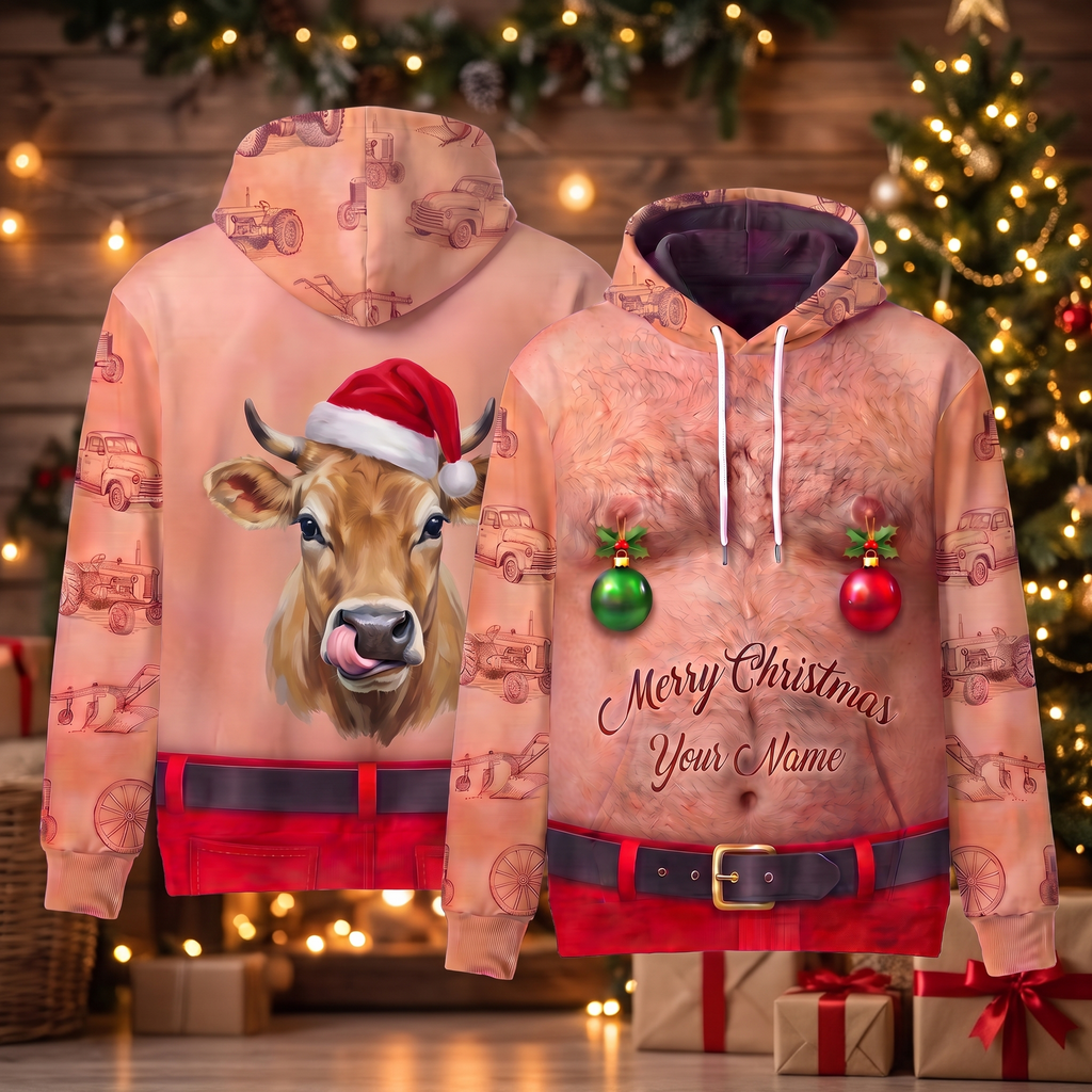 Funny Santa Jersey Cow Hairy Belly Hoodie - Custom Name Cow Christmas