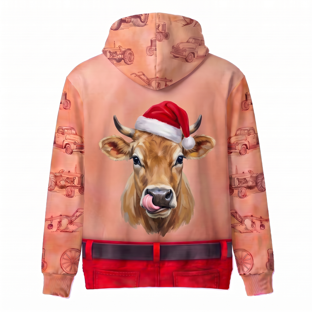 Funny Santa Jersey Cow Hairy Belly Hoodie - Custom Name Cow Christmas