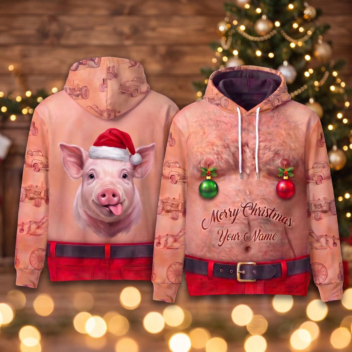 Funny Santa Pig Hairy Belly Hoodie - Custom Name Cute Pig Christmas