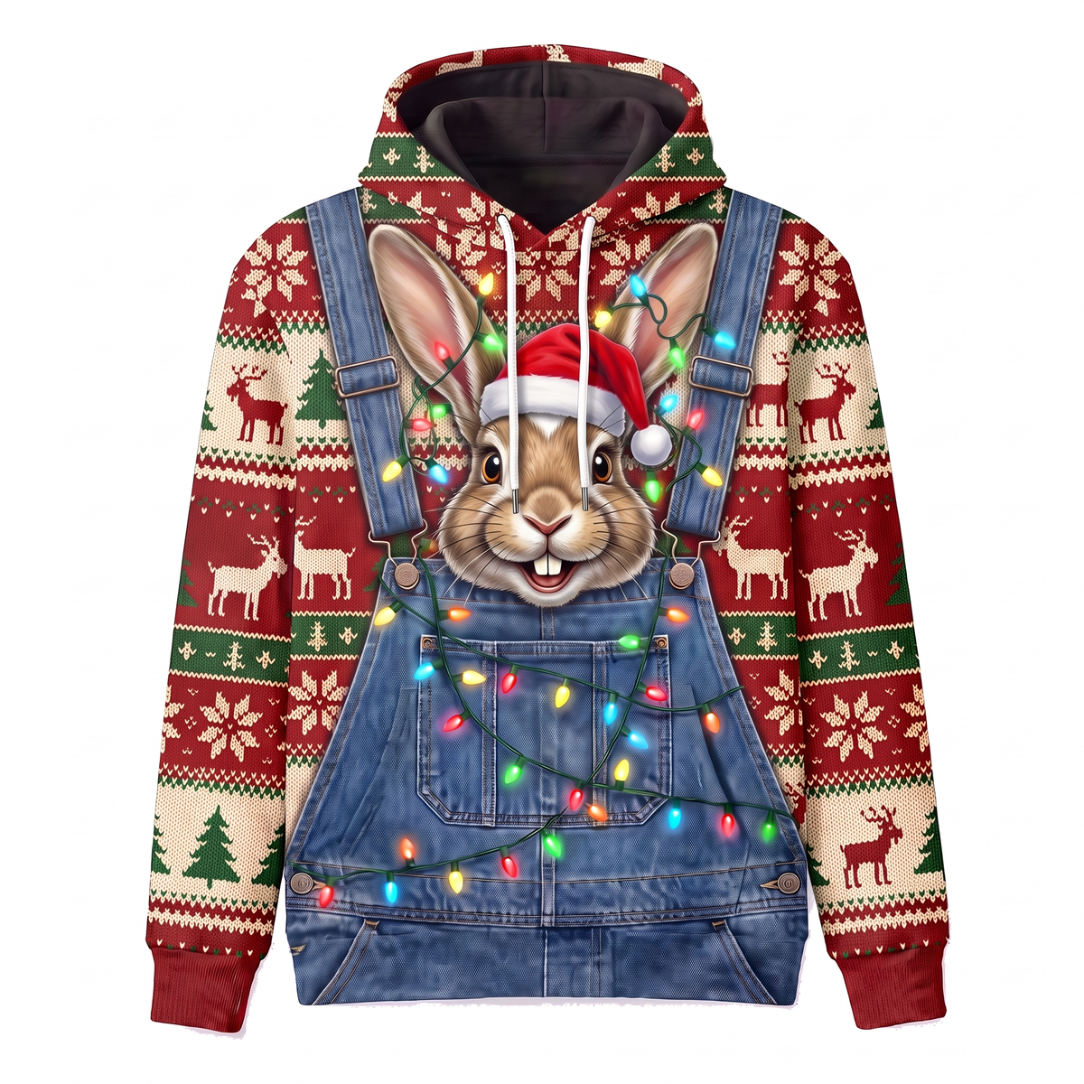 Funny Santa Rabbit Christmas Hoodie - Bunny Overalls Ugly Christmas Sweater Style