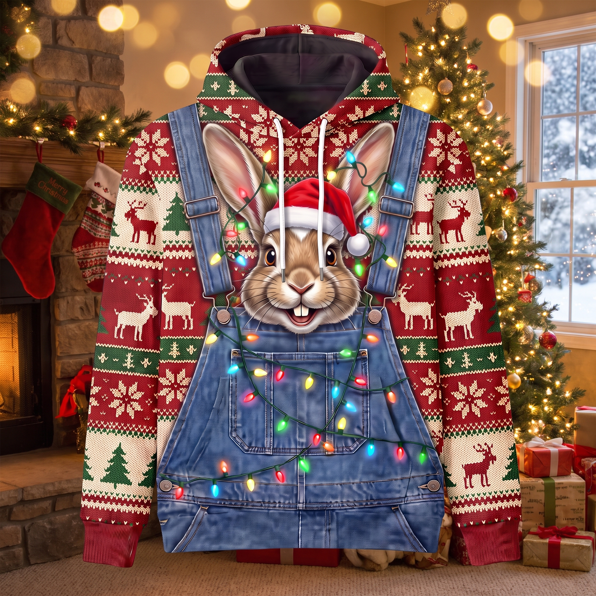 Funny Santa Rabbit Christmas Hoodie - Bunny Overalls Ugly Christmas Sweater Style