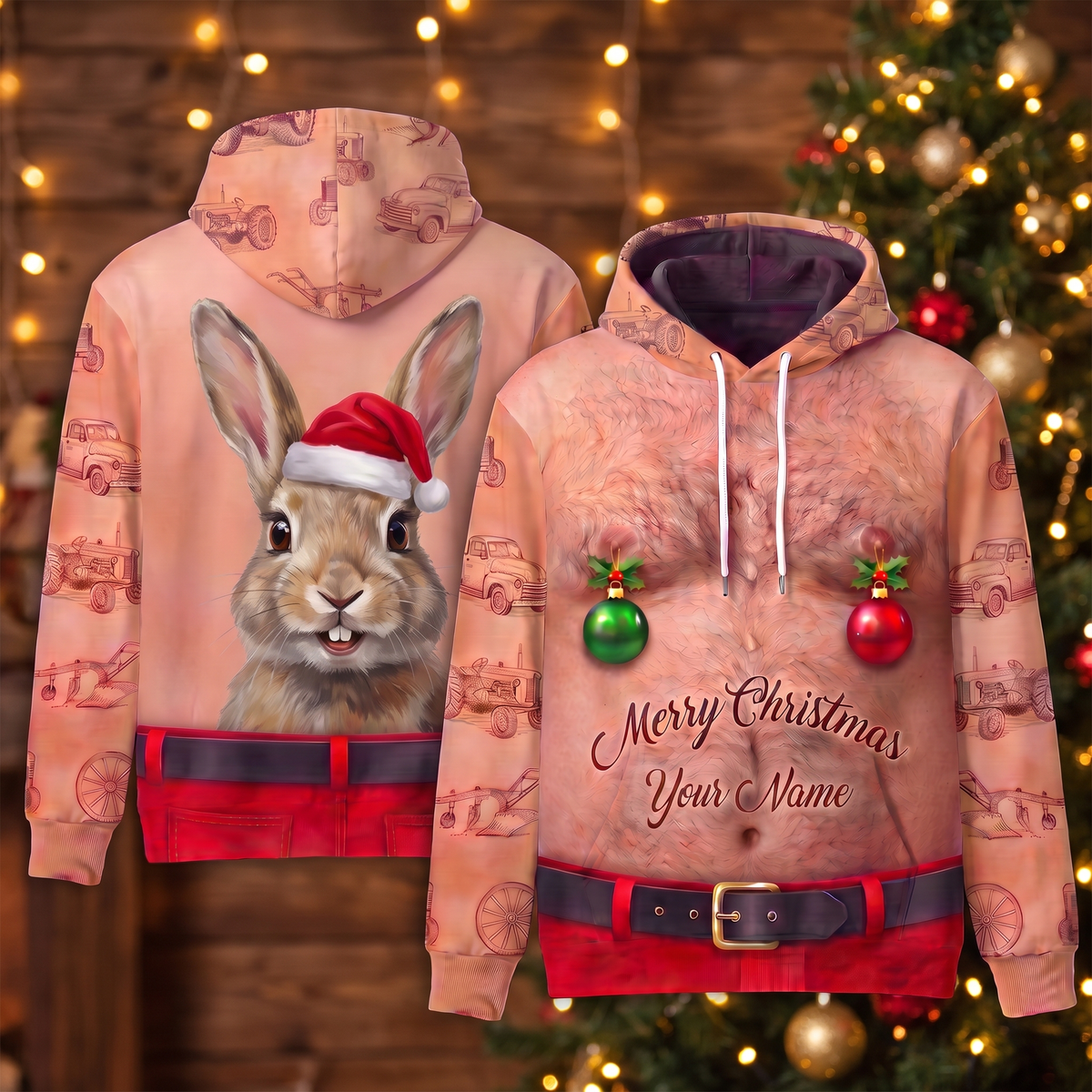 Funny Santa Rabbit Hairy Belly Hoodie - Custom Name Bunny Christmas