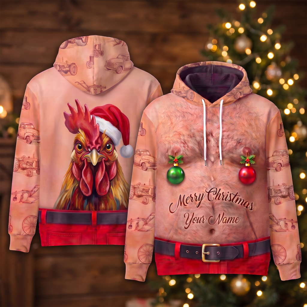 Funny Santa Rooster Hairy Belly Hoodie - Custom Name Farm Chicken Christmas