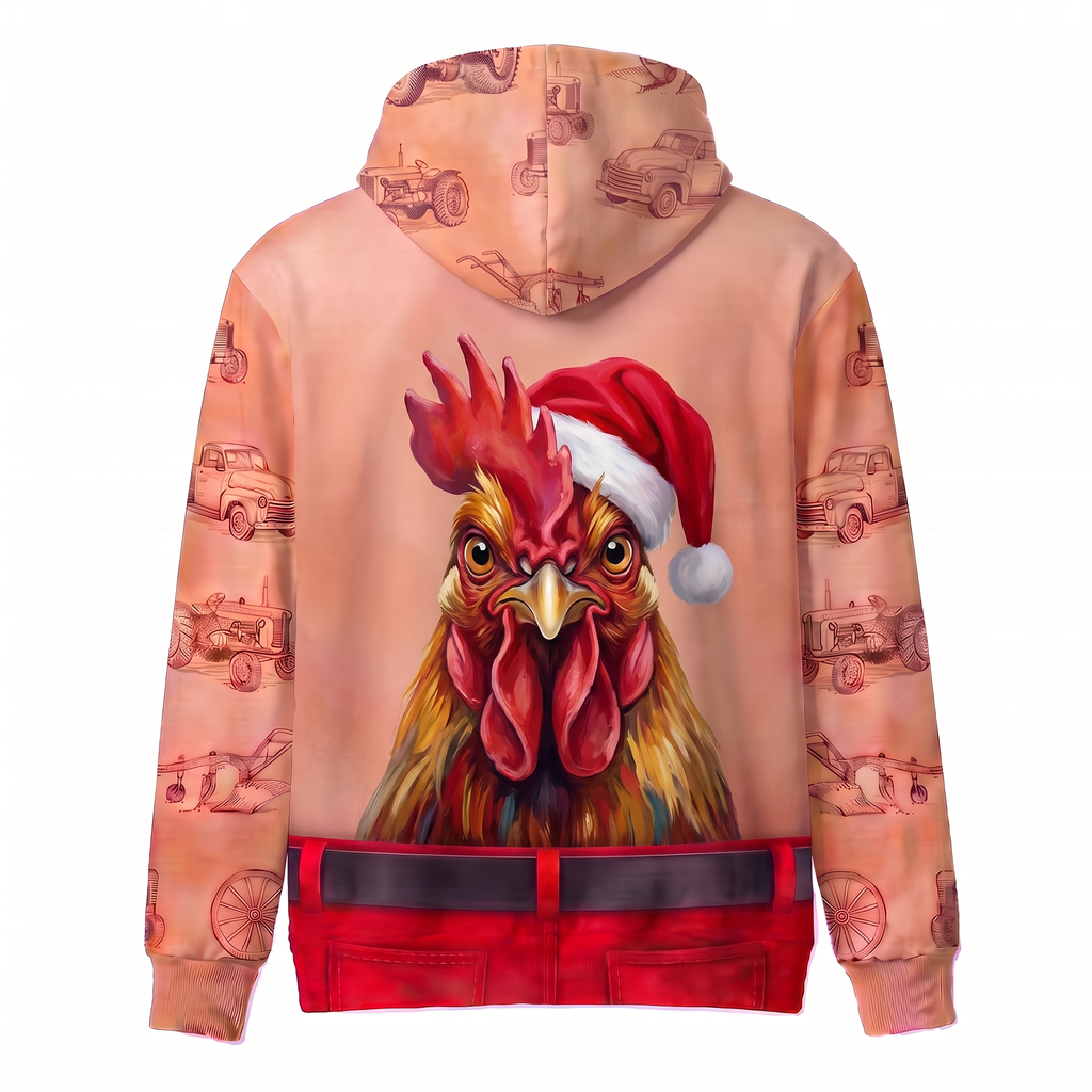 Funny Santa Rooster Hairy Belly Hoodie - Custom Name Farm Chicken Christmas