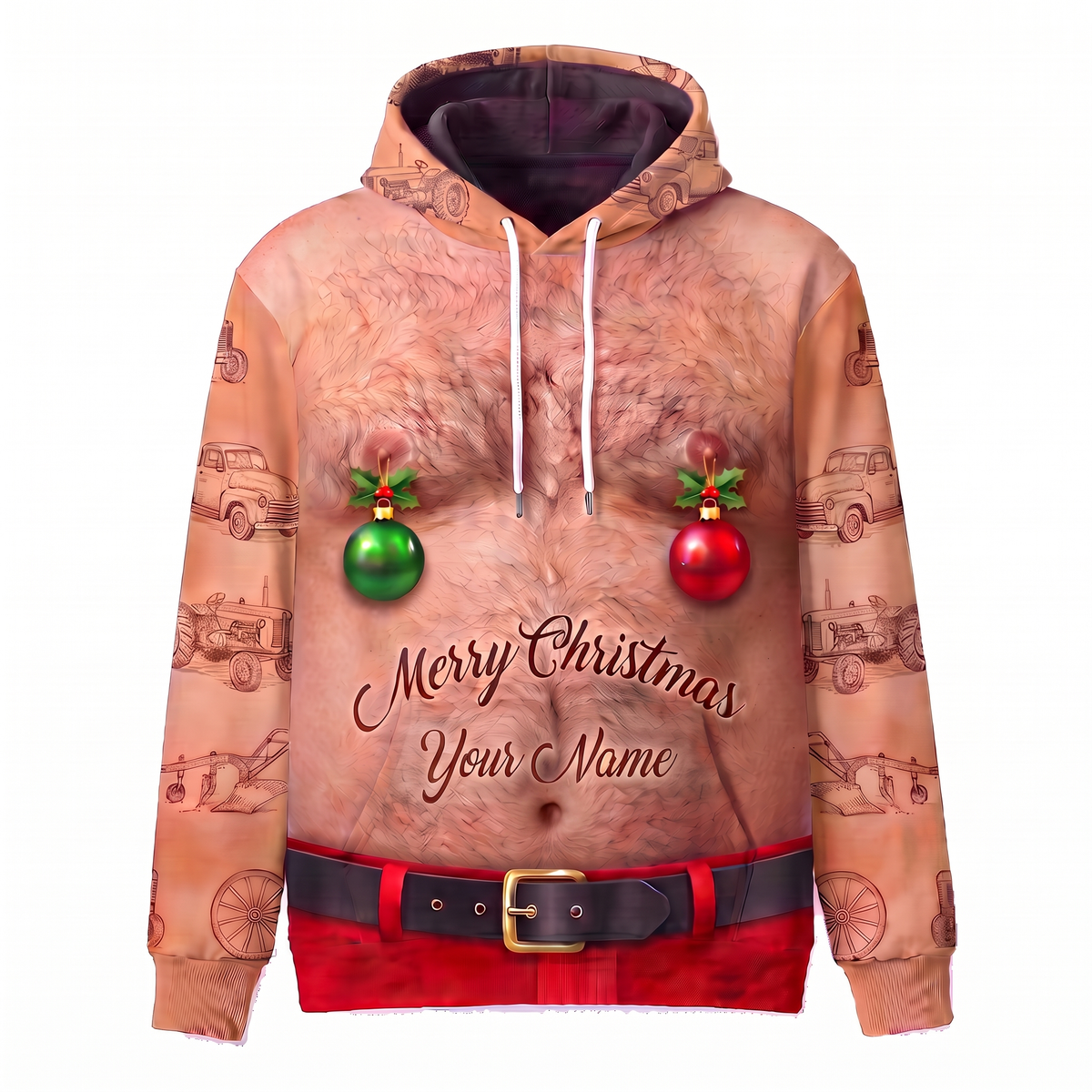 Funny Santa Rooster Hairy Belly Hoodie - Custom Name Farm Chicken Christmas