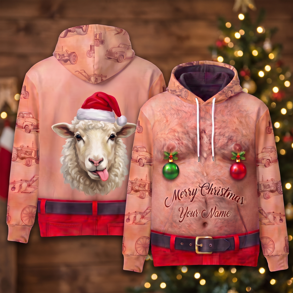 Funny Santa Sheep Hairy Belly Hoodie - Custom Name Fluffy Sheep Christmas