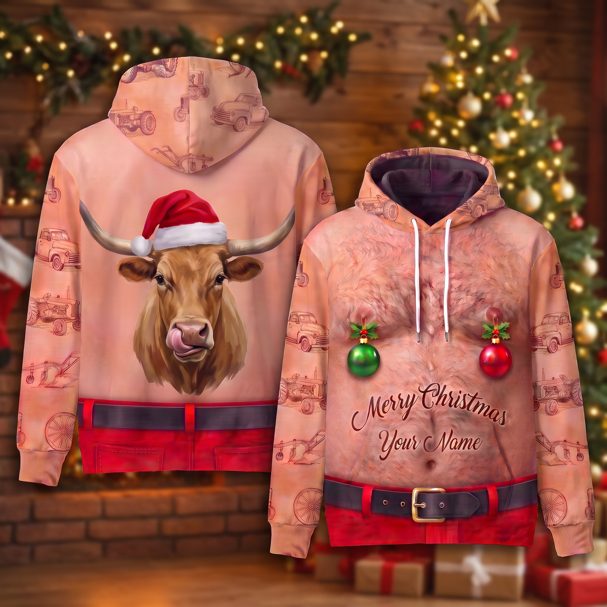 Funny Santa Texas Longhorn Hairy Belly Hoodie - Custom Name Cow Christmas