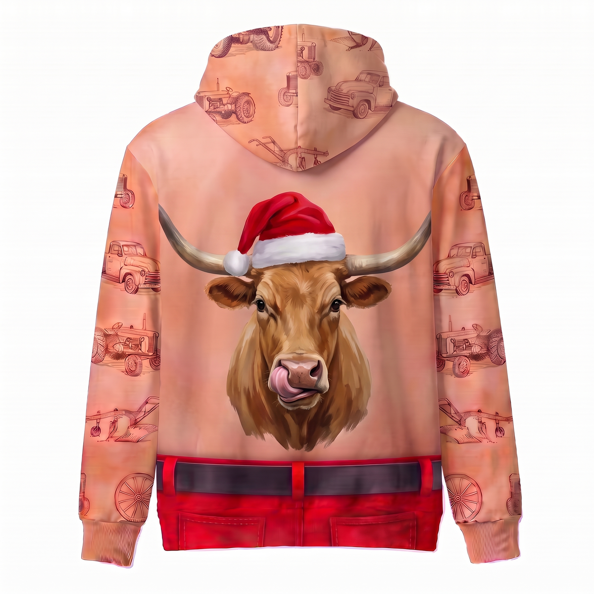 Funny Santa Texas Longhorn Hairy Belly Hoodie - Custom Name Cow Christmas