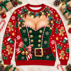 Funny Santa & Elf Corset Bust Illusion Christmas Sweater