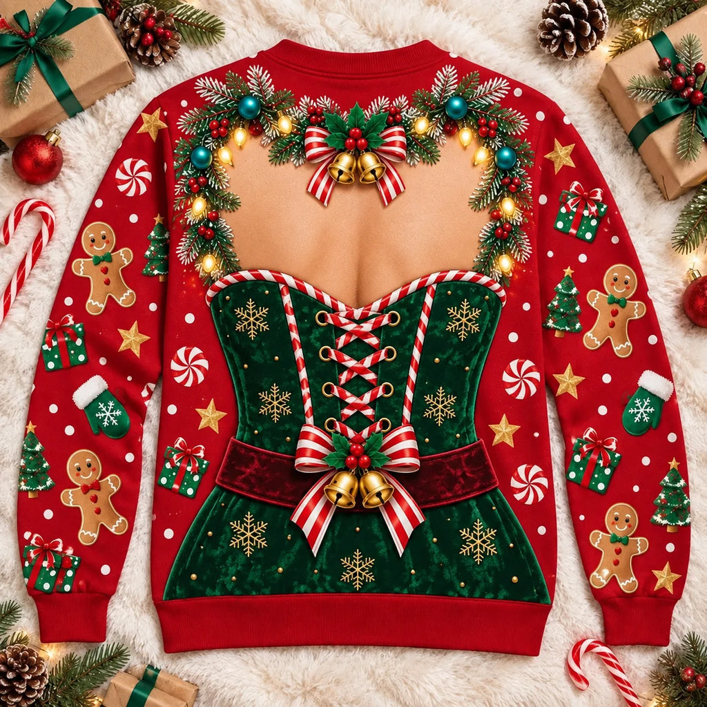 Funny Santa & Elf Corset Bust Illusion Christmas Sweater