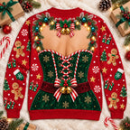 Funny Santa & Elf Corset Bust Illusion Christmas Sweater