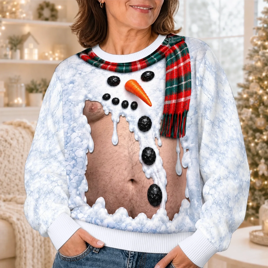 Funny Snowman & Gingerbread Body Illusion Christmas Sweater