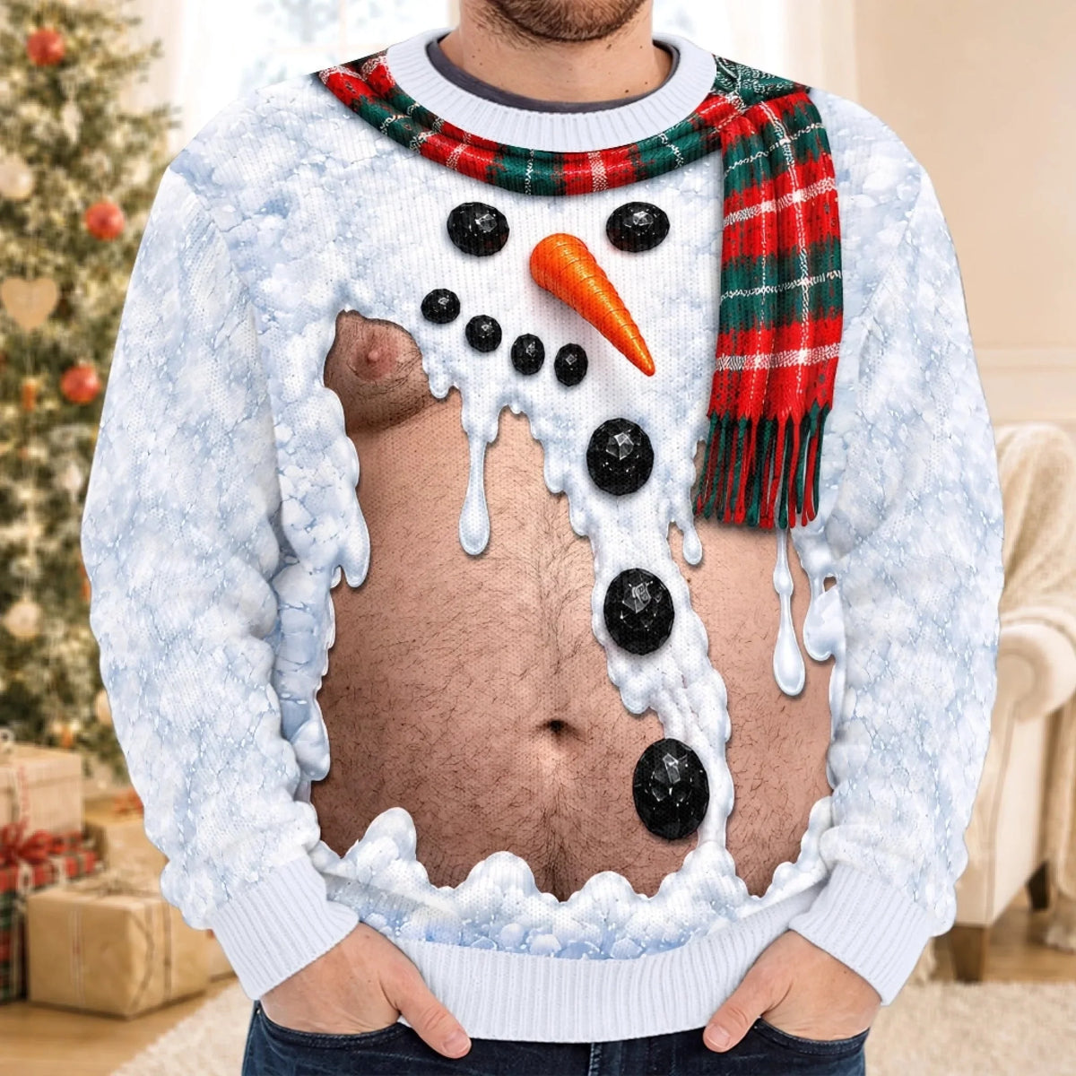 Funny Snowman & Gingerbread Body Illusion Christmas Sweater