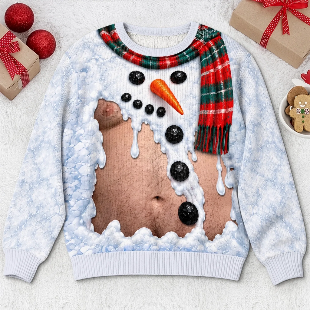 Funny Snowman & Gingerbread Body Illusion Christmas Sweater