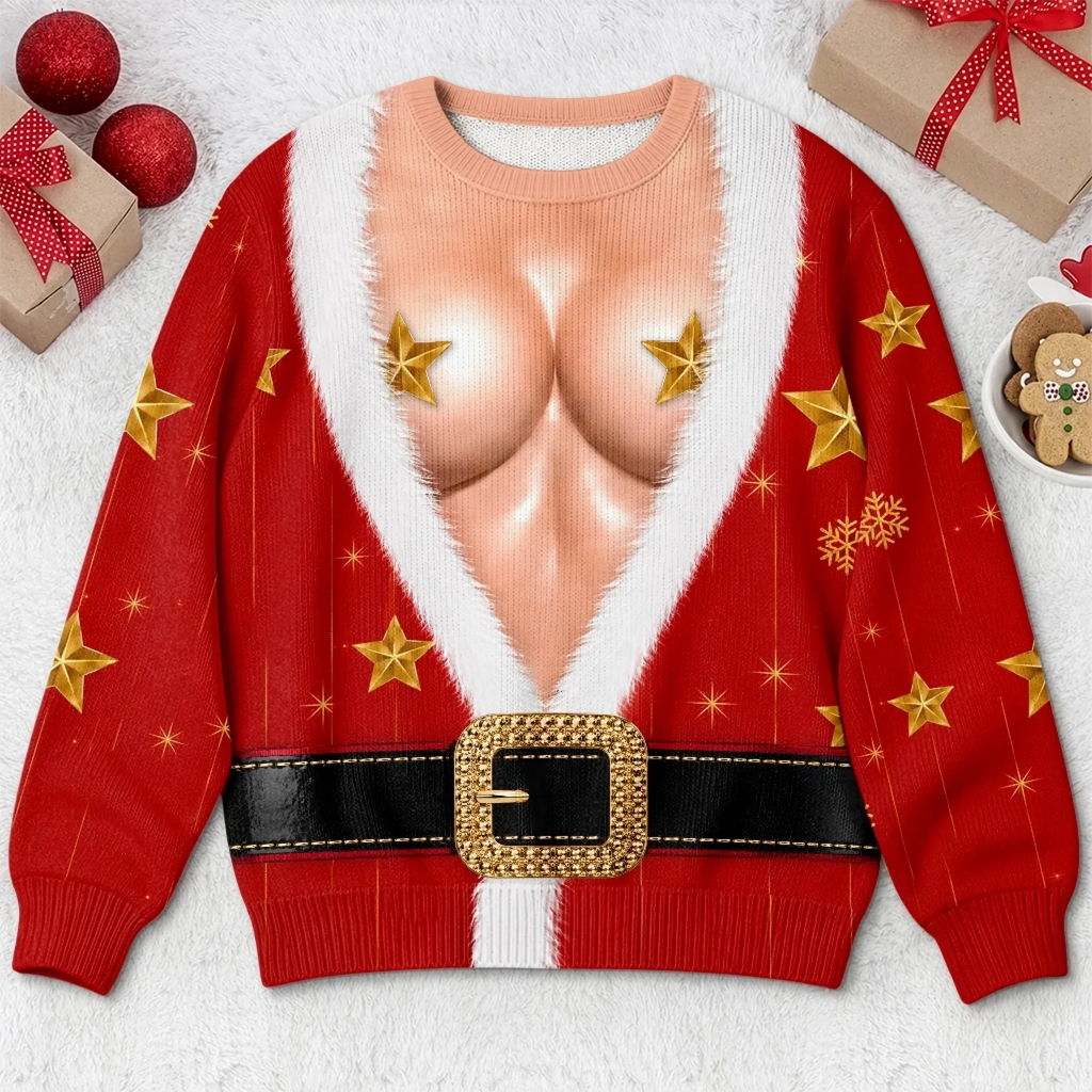 Funny Star Bust Santa Print Optical Illusion Christmas Sweater