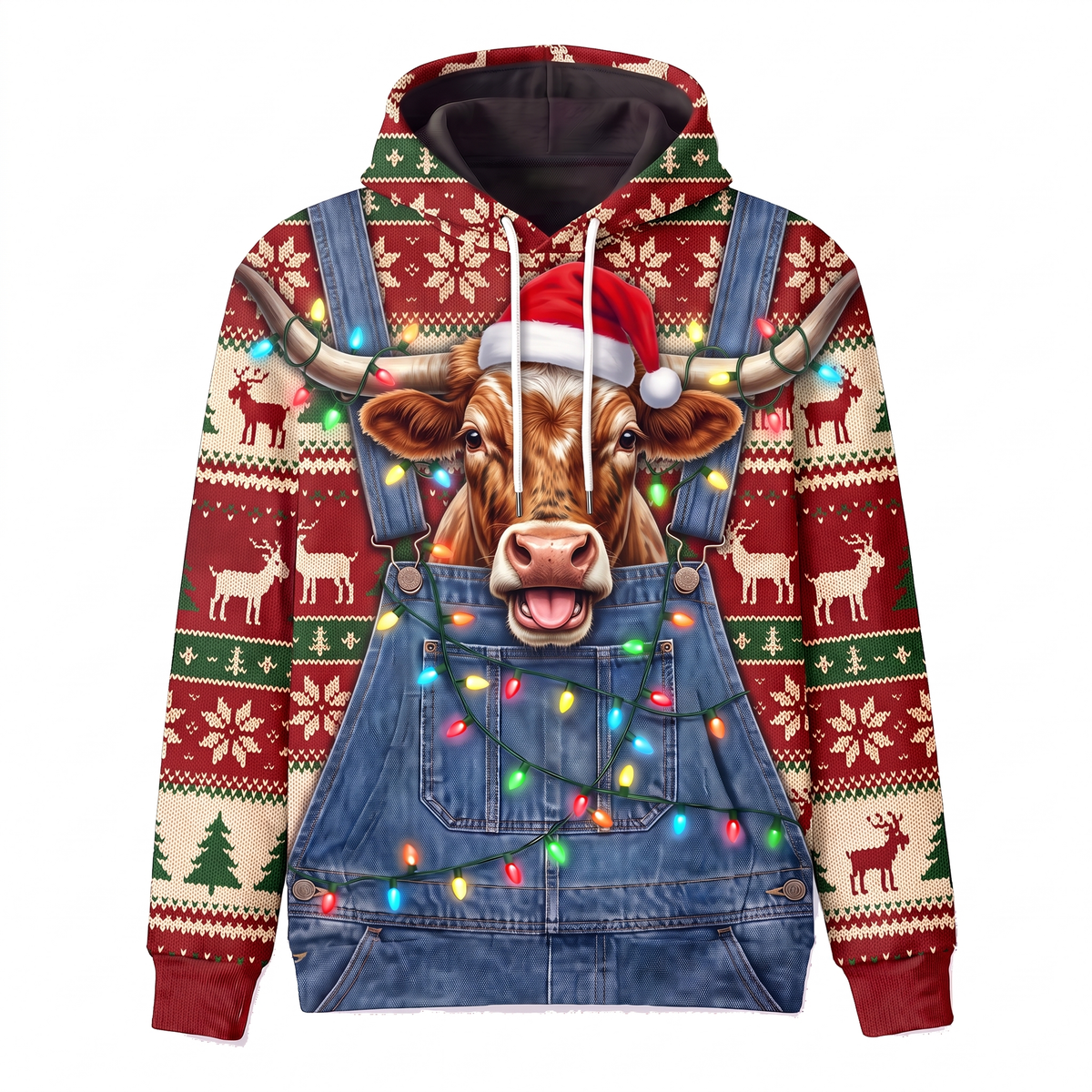 Funny Texas Longhorn Christmas Hoodie - Overalls Ugly Sweater Print