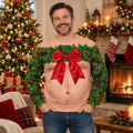 Funny Wreath Bow Fake Hairy Torso Print Ugly Christmas Sweater
