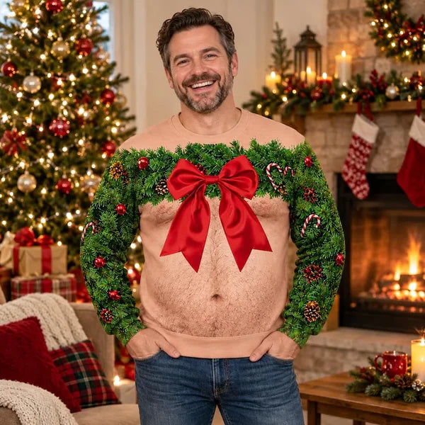 Funny Wreath Bow Fake Hairy Torso Print Ugly Christmas Sweater