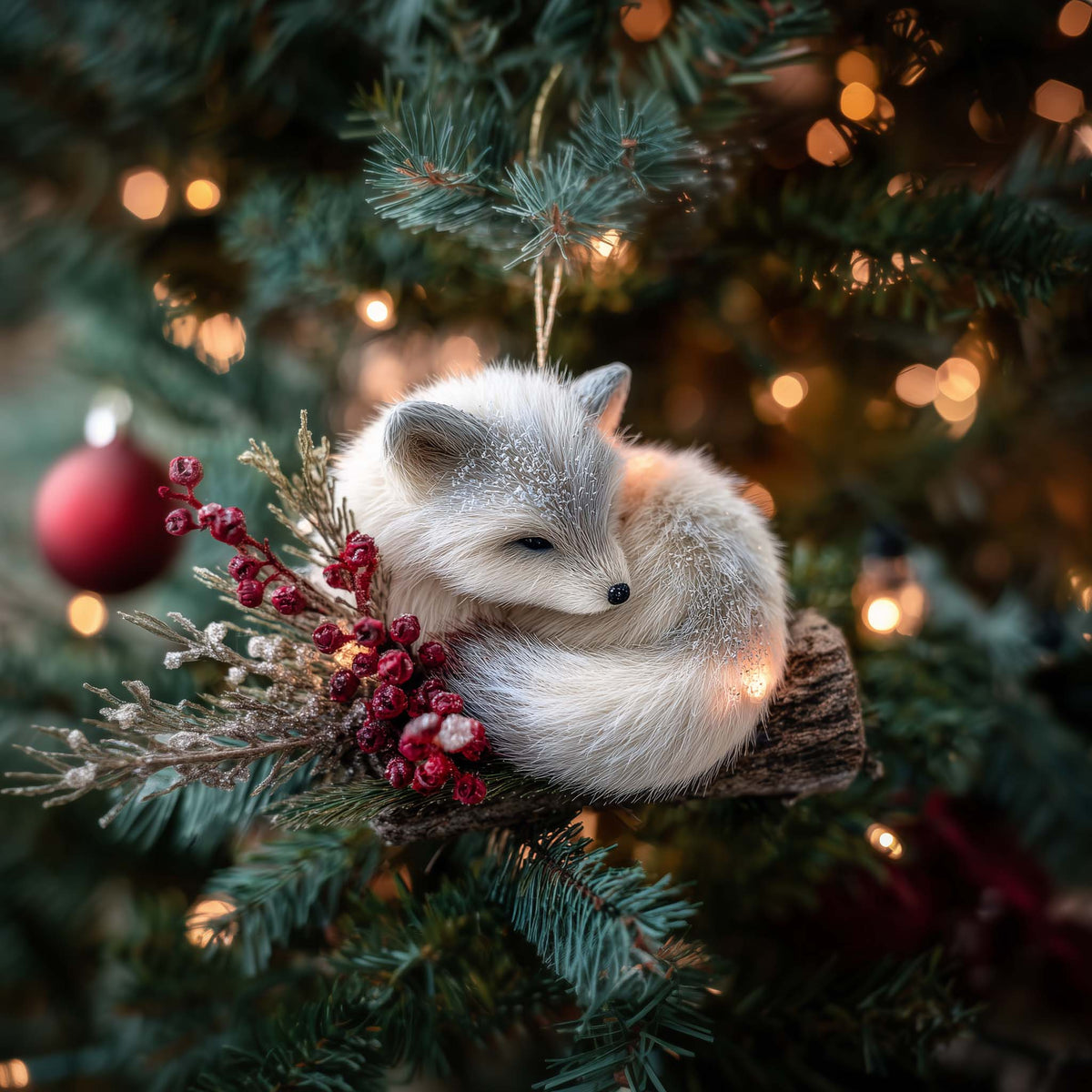 Snowy Silver Red Fox Christmas Mica Ornament