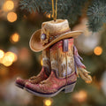 Western Cowboy Boots Holly Leaves Christmas Mica Ornament