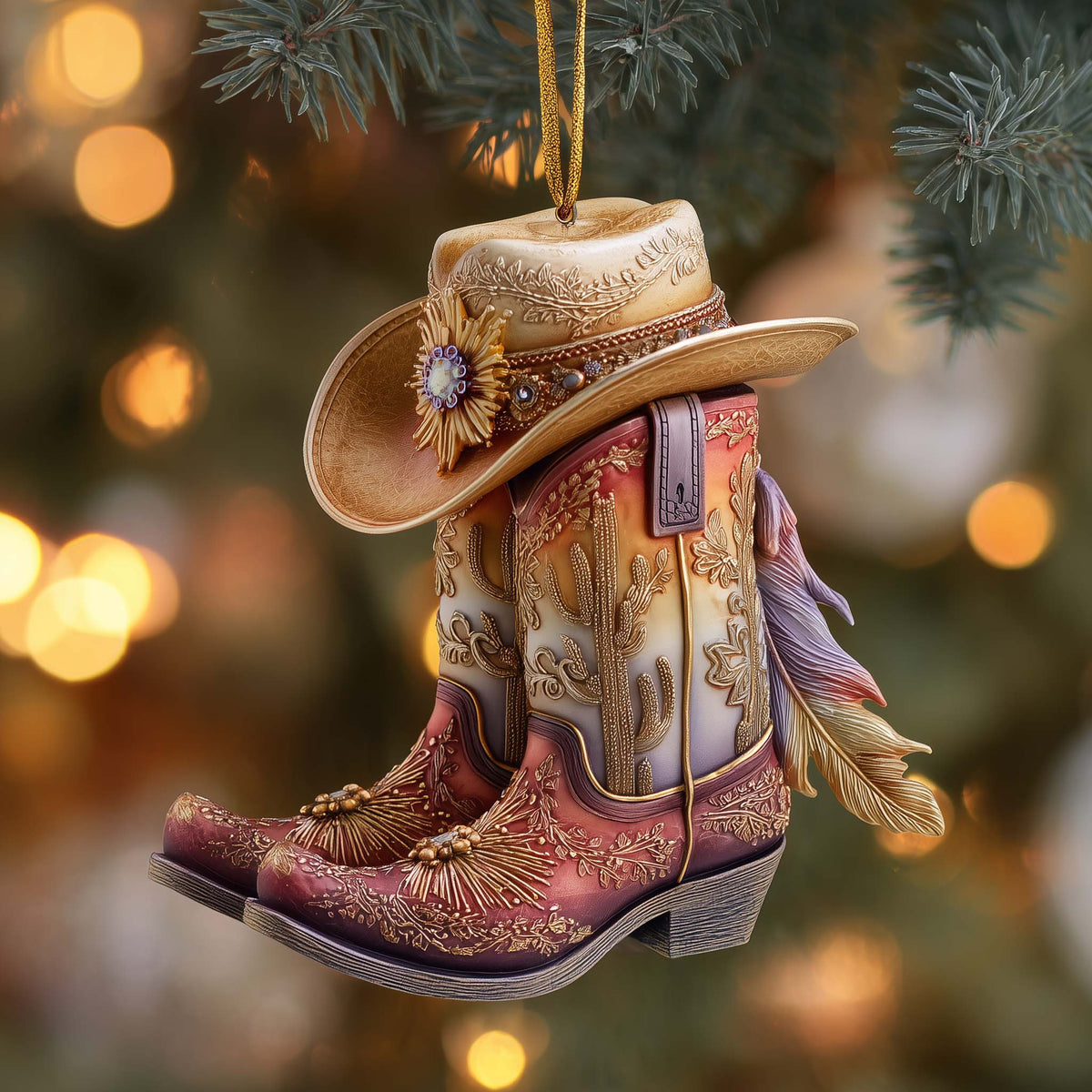 Western Cowboy Boots Holly Leaves Christmas Mica Ornament