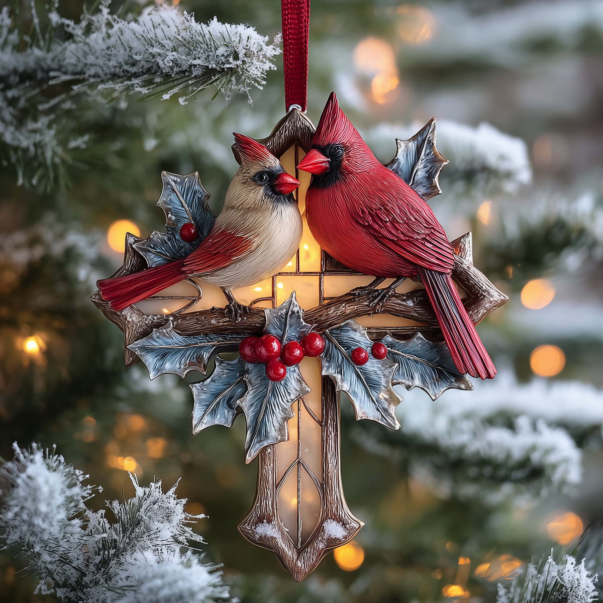 Festive Winter Cardinal Pine Christmas Mica Ornament