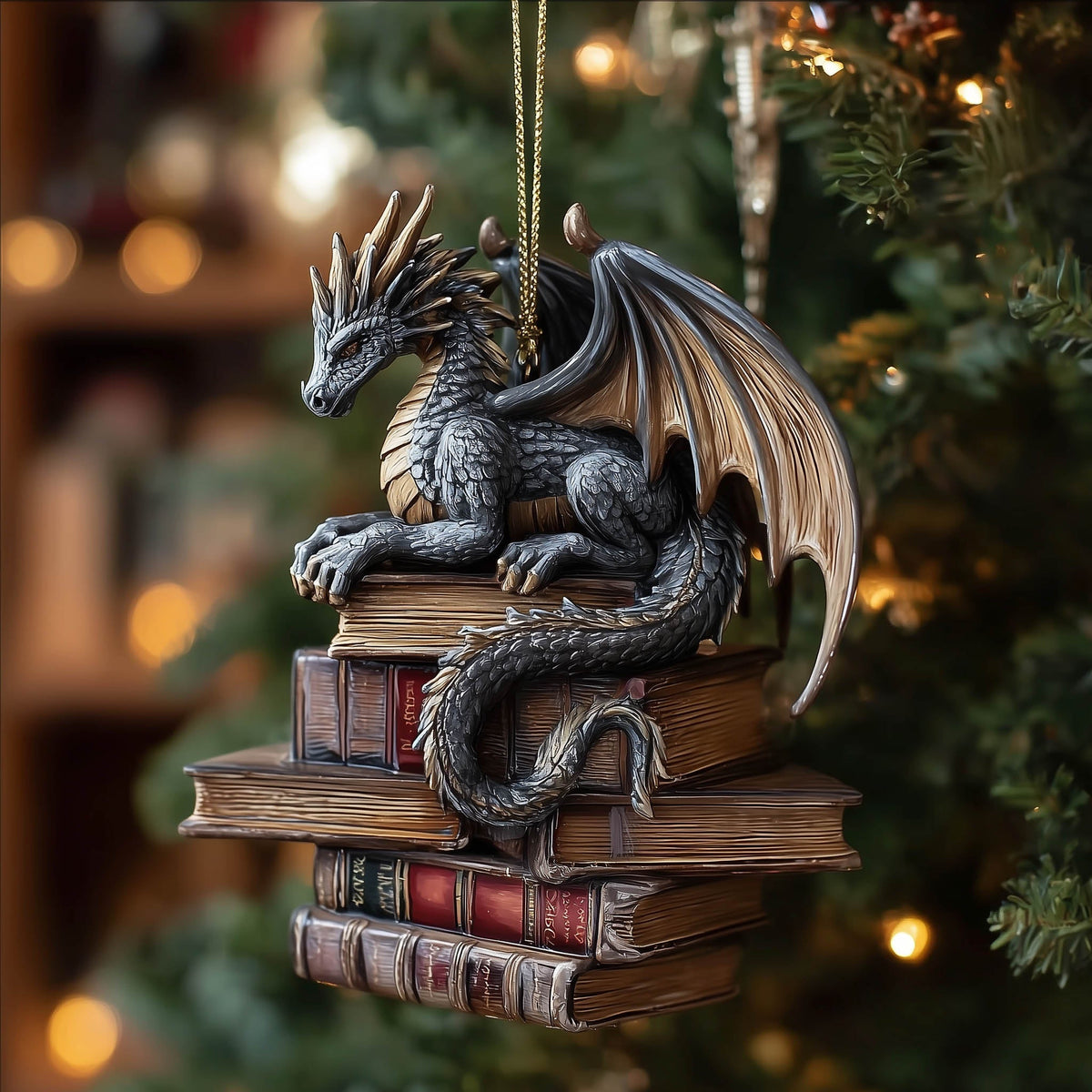 Scholar Bookish Dragon Christmas Mica Ornament