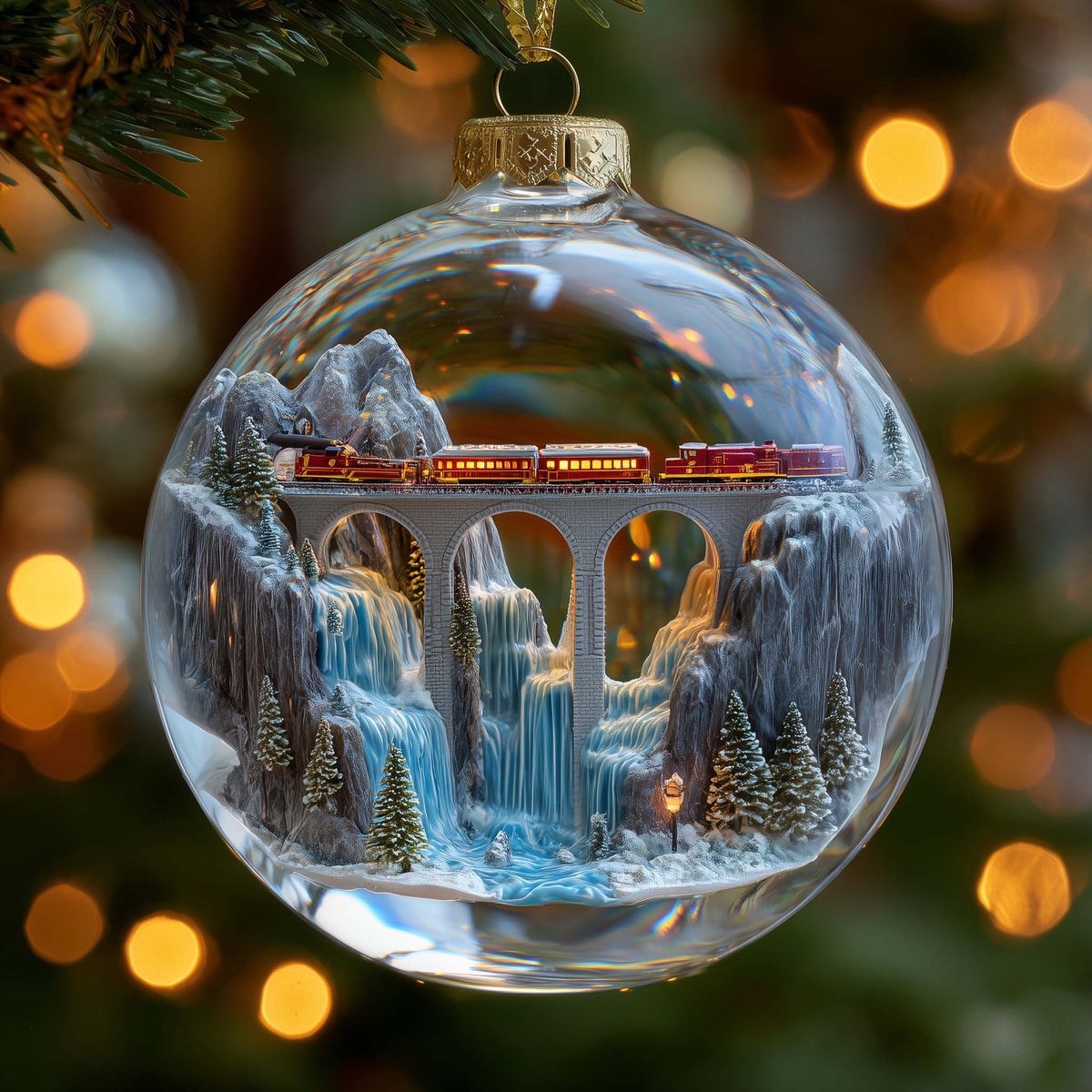 Glacier Bridge Alpine Train Christmas Mica Ornament