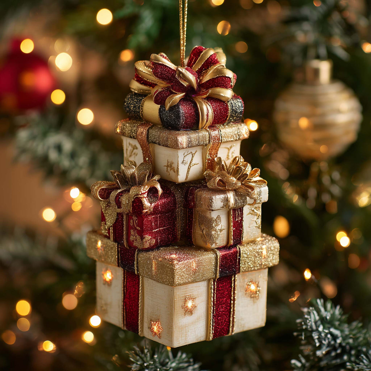 Golden Gift Tower Christmas Mica Ornament