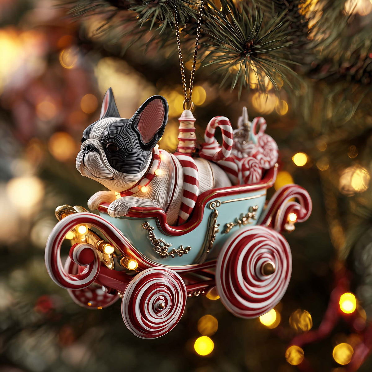 Frenchie Candy Carriage Ride Christmas Mica Ornament