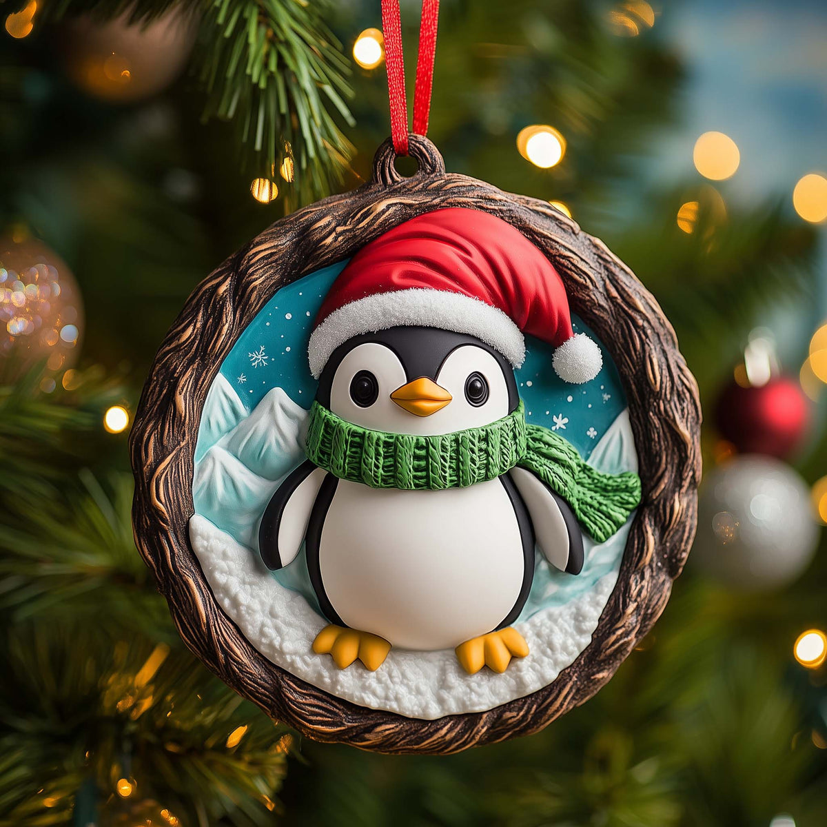 Tuxedo Bird Red Beanie Mica Ornament