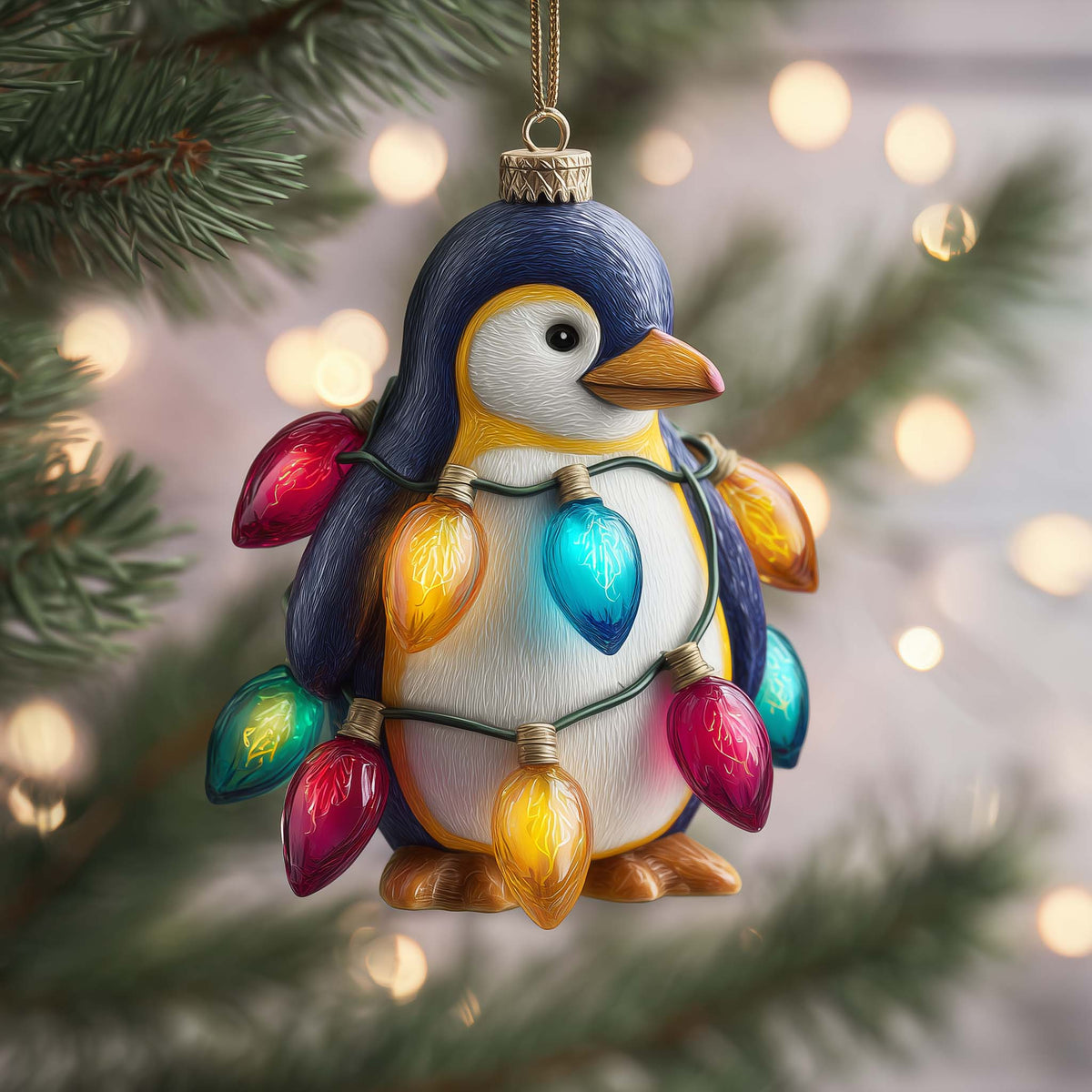 Penguin Lights Christmas Mica Ornament