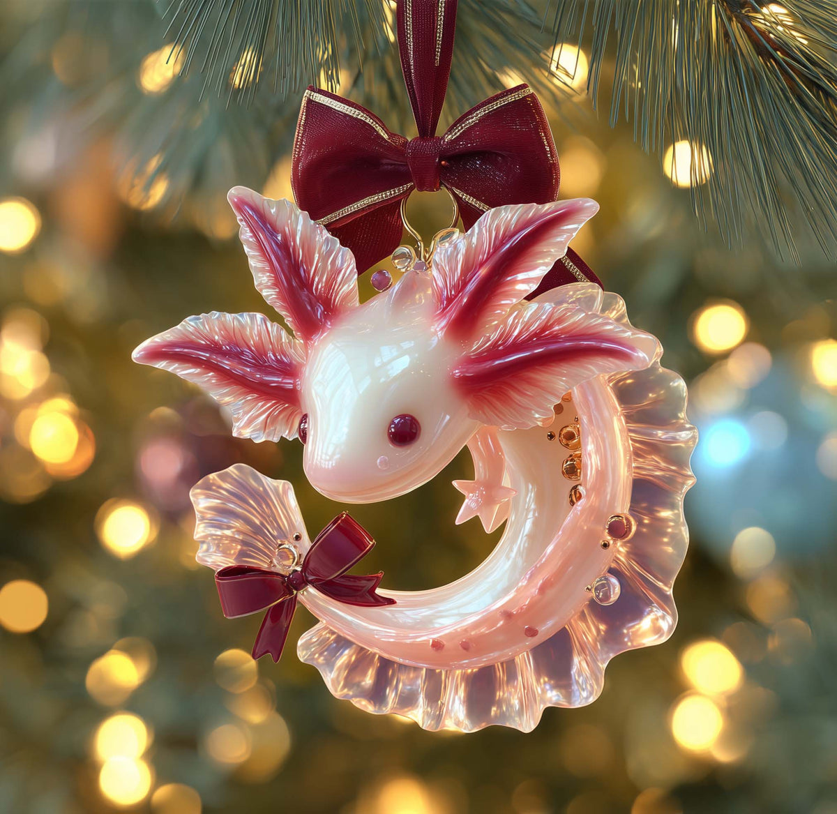 Adorable Holiday Axolotl Ribbon Christmas Mica Ornament