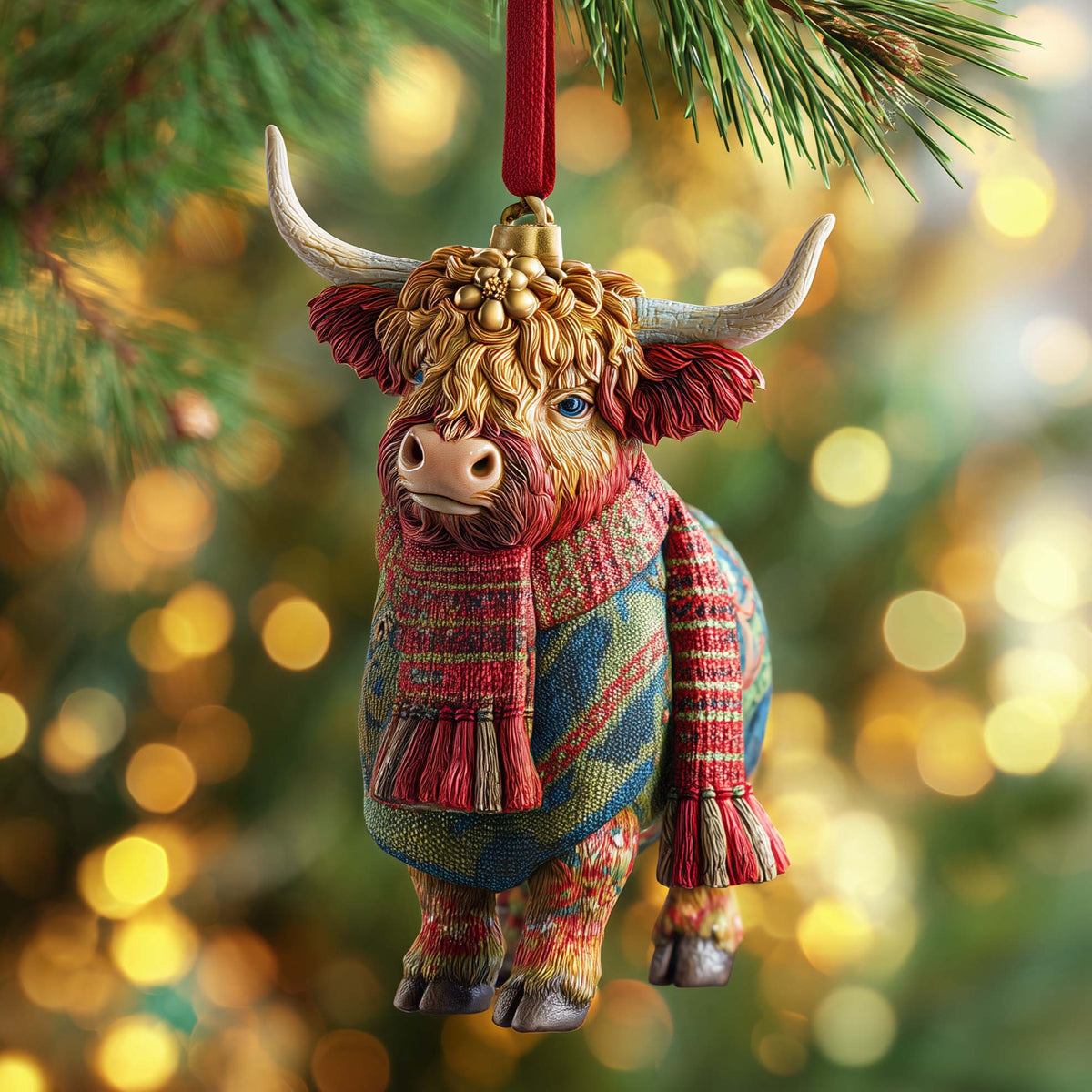 Scottish Highland Cow Holly Wreath Christmas Mica Ornament