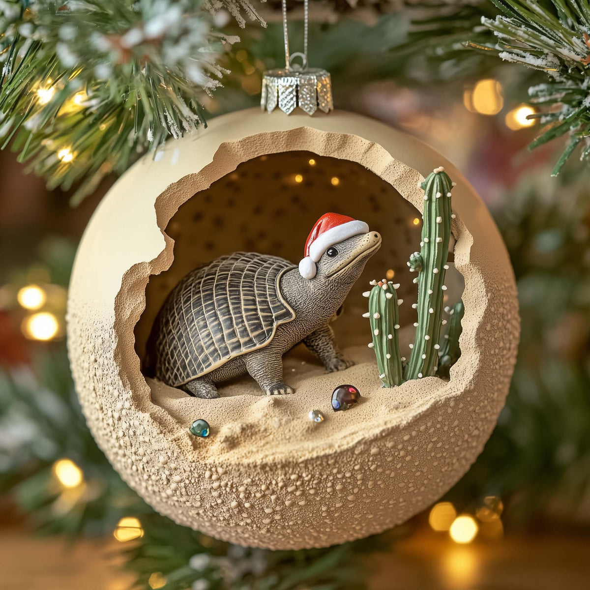 Desert Texas Armadillo Santa Hat Christmas Mica Ornament