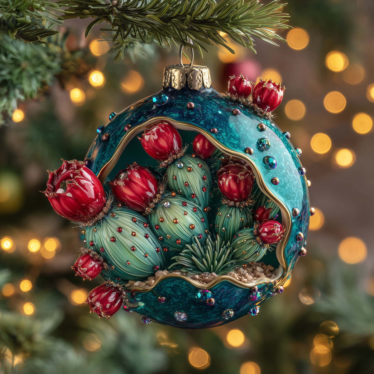 Blooming Cactus Christmas Mica Ornament