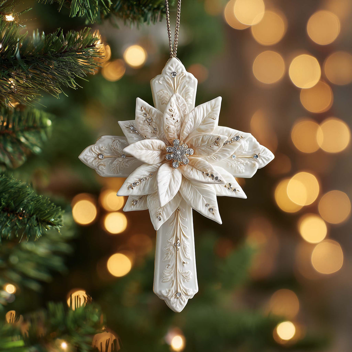 Floral Embellished Crucifix Mica Ornament