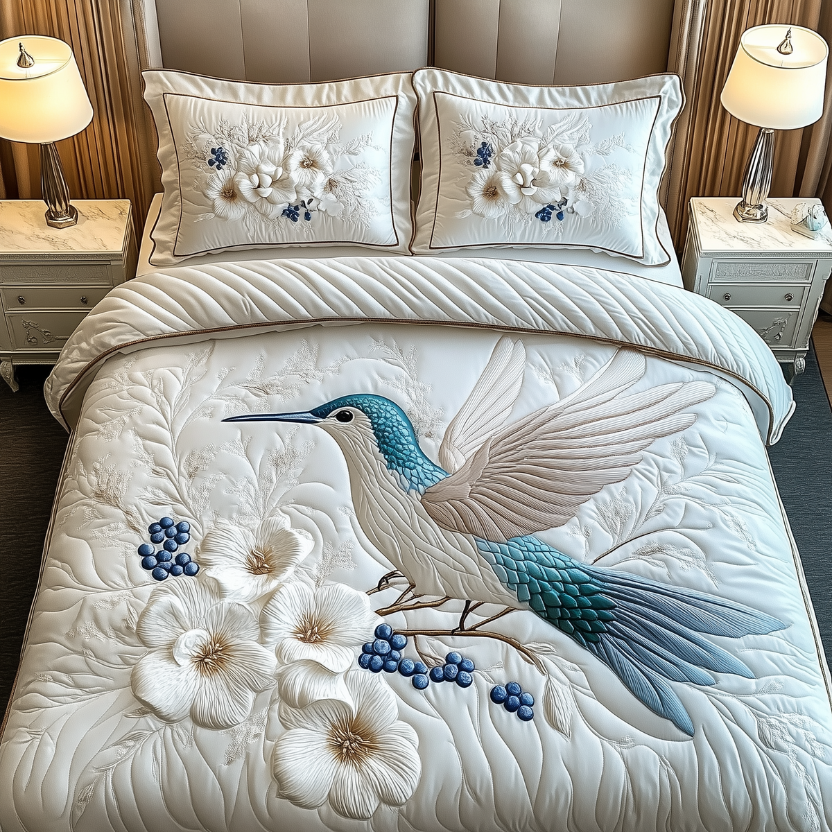 Winter Hummingbird 3-Piece Quilted Bedding Set