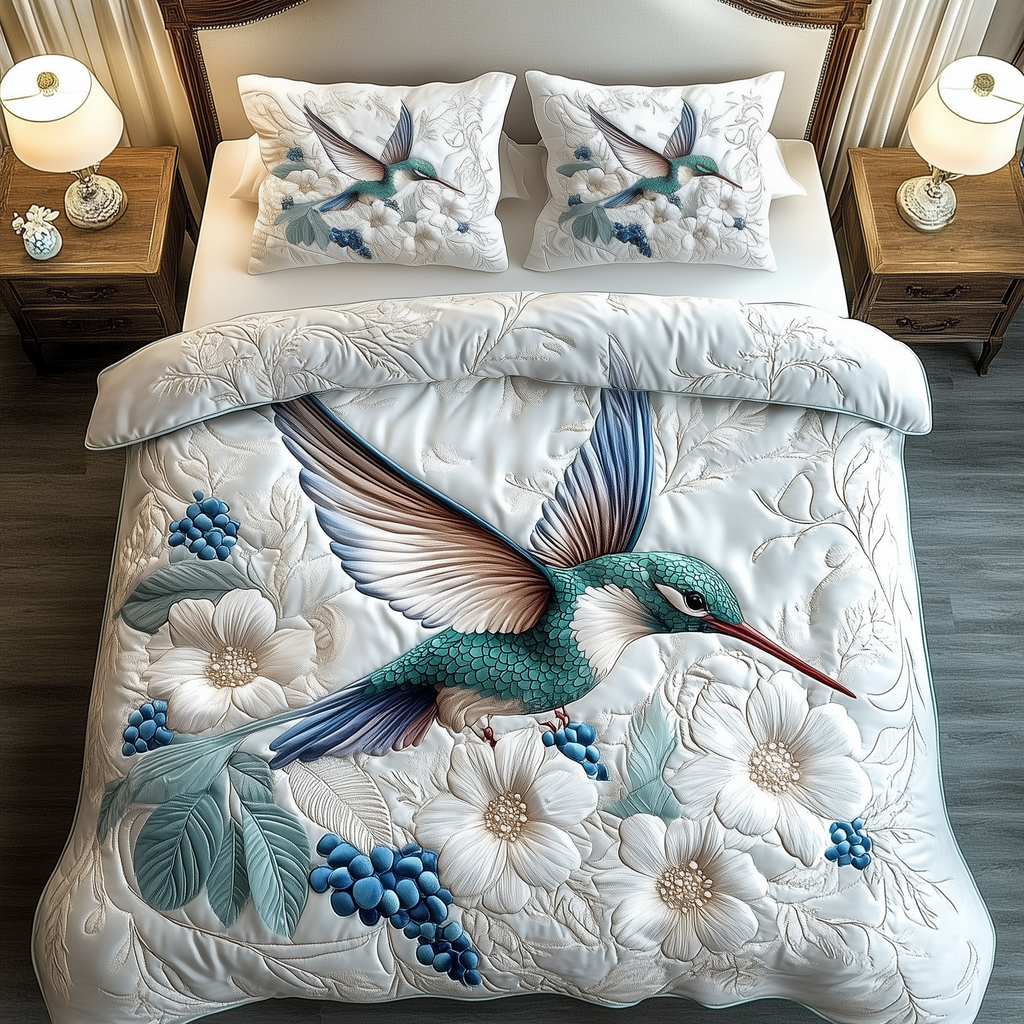 Winter Hummingbird Festive 3-Piece Quilted Bedding Set