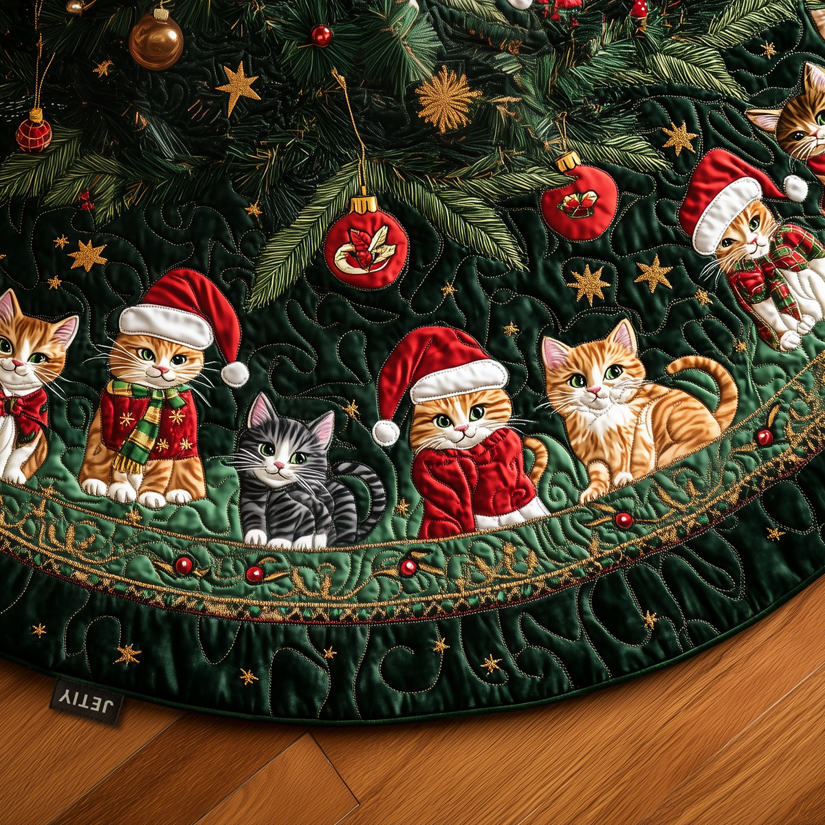Playful Christmas Cat Quilted Tree Skirt