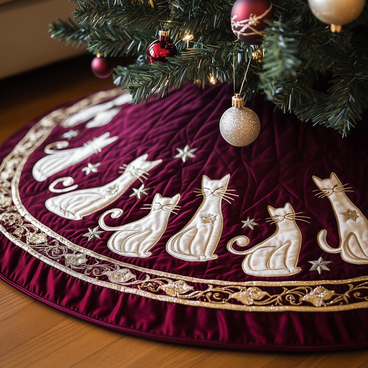Cozy Christmas Cat Quilted Tree Skirt