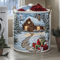 Winter Snow Cabin Quilted Laundry Basket