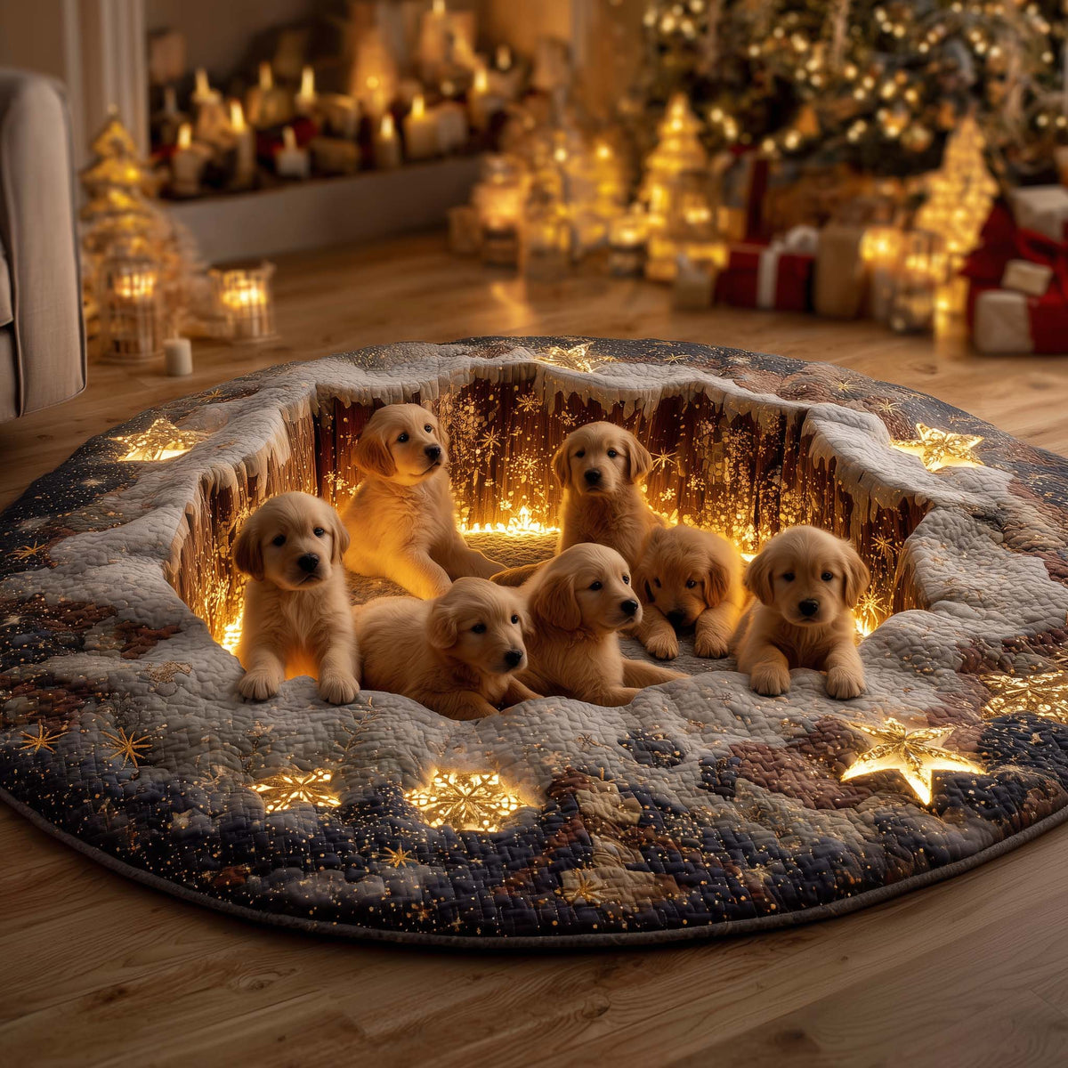 Christmas Golden Crew Quilted Round Mat