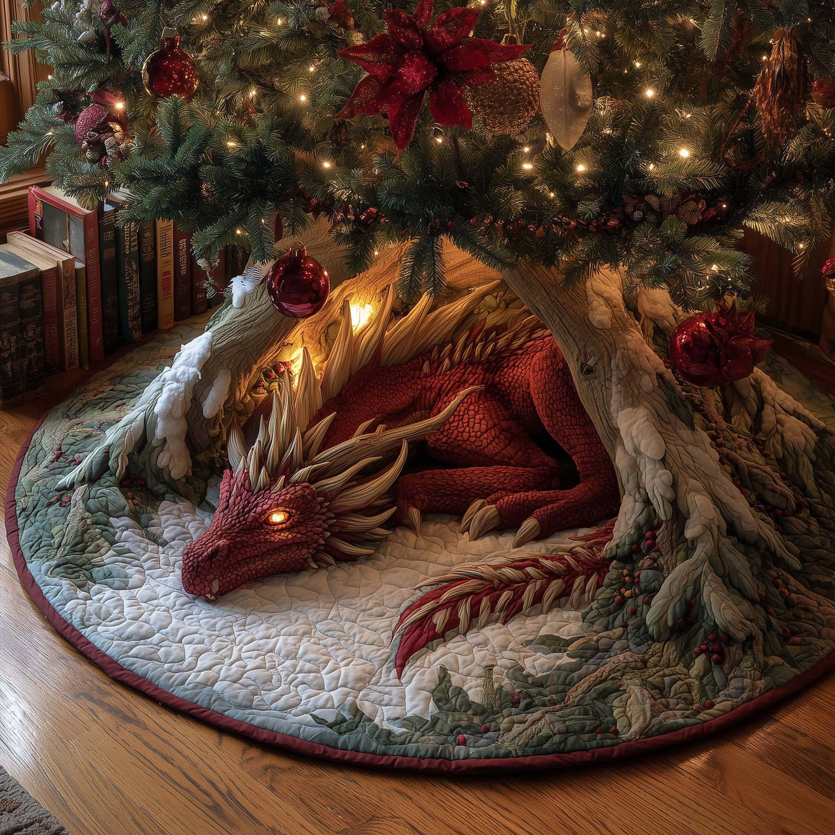 Crimson Winter Dragon Quilted Tree Skirt