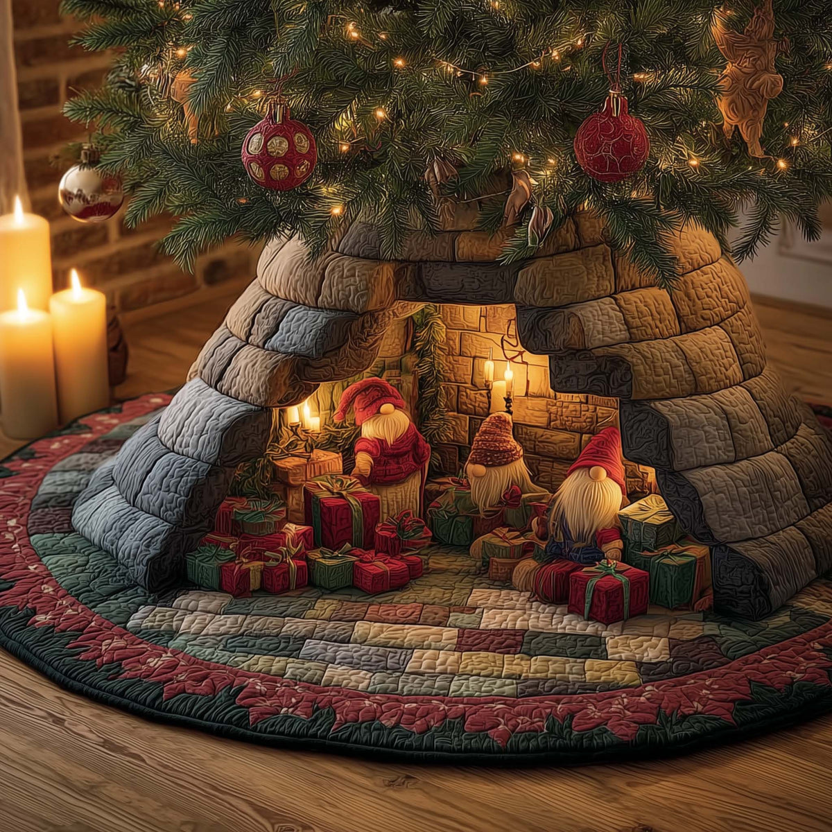 Nordic Christmas Gnomes Quilted Tree Skirt