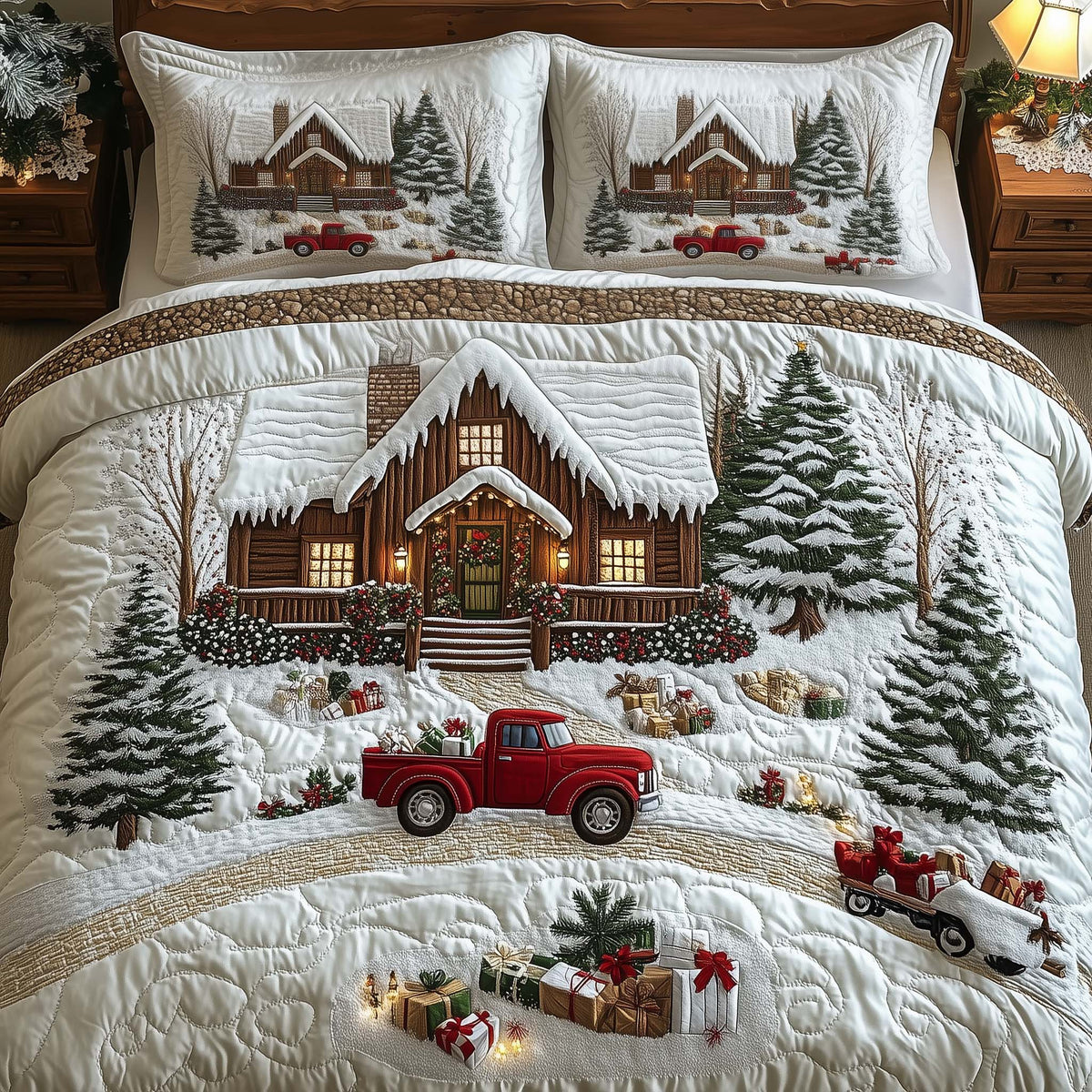 Peaceful Snow Cabin 3-Piece Quilted Bedding Set